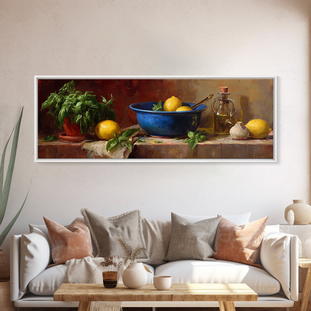 Lemons and Blue Ceramic Bowl Still Life Framed Canvas Print, Kitchen Art, Minimalist Wall Art, Kitchen Decor, Fine Art, Kitchen, KIT-3x1-90