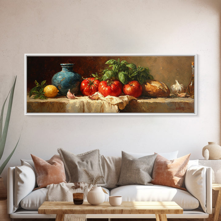 Tomatoes Garlic and Basil on Linen Canvas Print, Kitchen Art, Room Decor, Kitchen Decor, Abstract Art, Kitchen, Digital Art, KIT-3x1-91