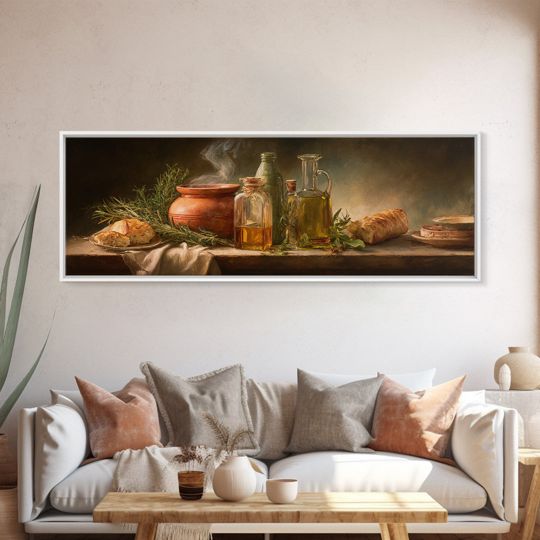 Olive Oil Bottle and Rosemary Branch Canvas Print, Kitchen Art, Bar Cart Decor, Kitchen Decor, Oil Painting, Kitchen, KIT-3x1-93