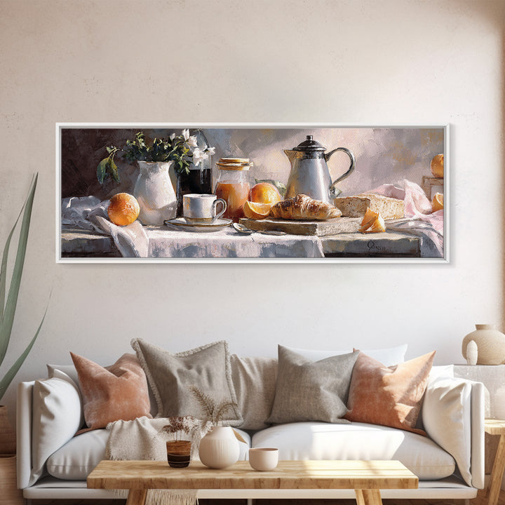 Coffee Pot and Croissant Morning Still Life Canvas Print, Kitchen Art, Textured Painting, Kitchen Decor, Oil Painting, Kitchen, KIT-3x1-95