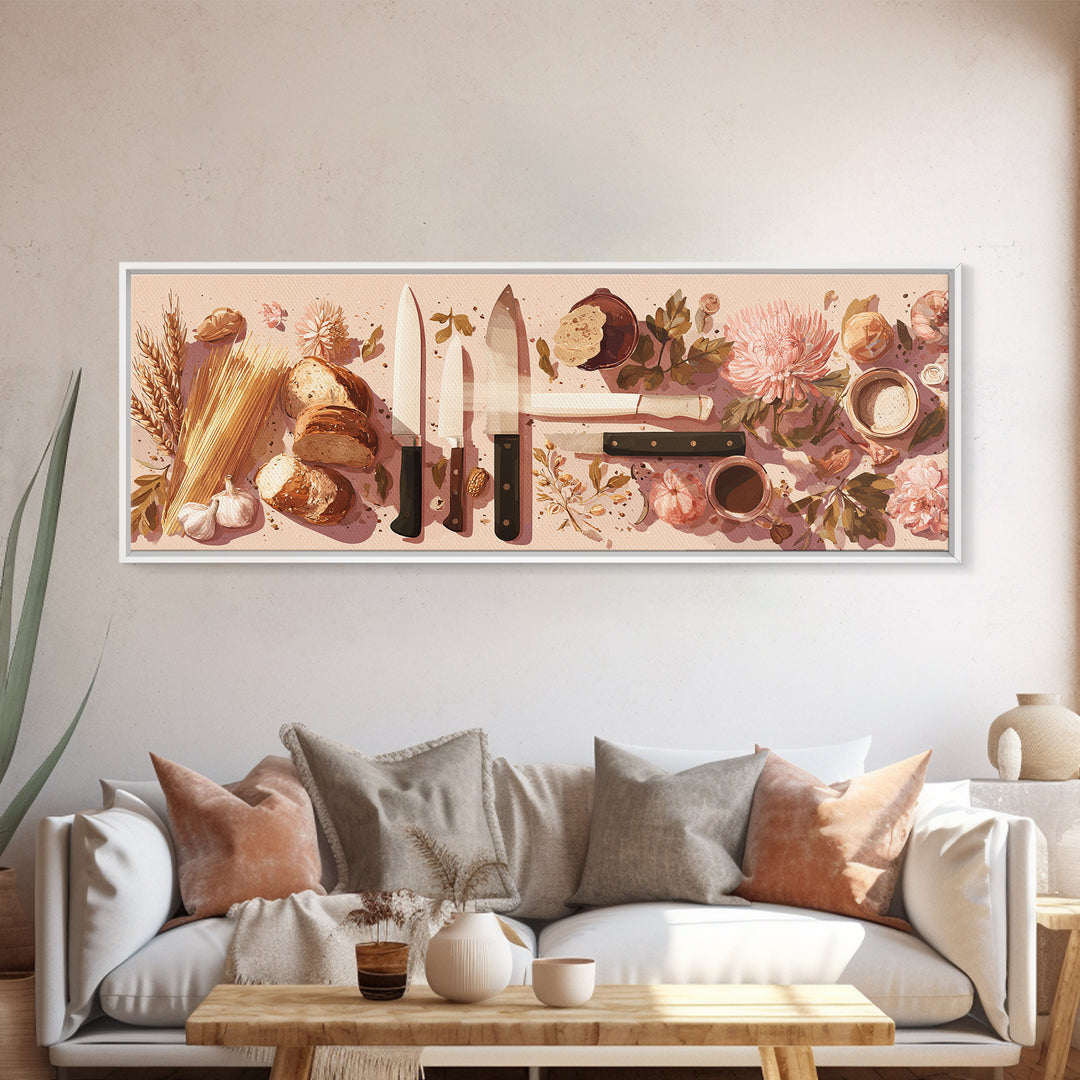 Chef Knives and Herbs Arranged as Graphic Canvas Print, Kitchen Art, Kitchen Prints, Kitchen Decor, Fine Art, Kitchen, KIT-3x1-98