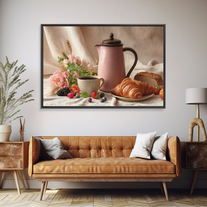 Coffee Pot and Croissant Morning Still Life Canvas Print, Kitchen Art, Coffee Art, Kitchen Decor, Kitchen, Fine Art Print, KIT-3x2-11
