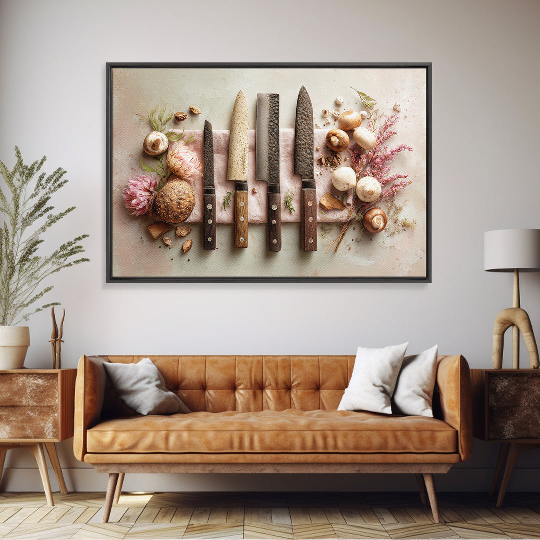 Chef Knives and Herbs Arranged as Graphic Framed Canvas Print, Kitchen Art, Art Prints, Kitchen Decor, Fine Art, Kitchen, KIT-3x2-14