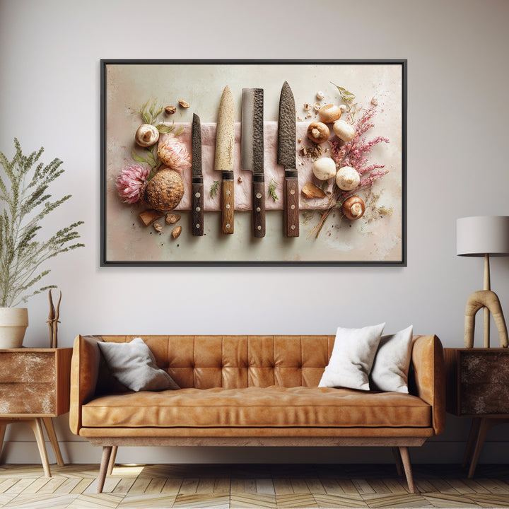 Chef Knives and Herbs Arranged as Graphic Framed Canvas Print, Kitchen Art, Art Prints, Kitchen Decor, Fine Art, Kitchen, KIT-3x2-14