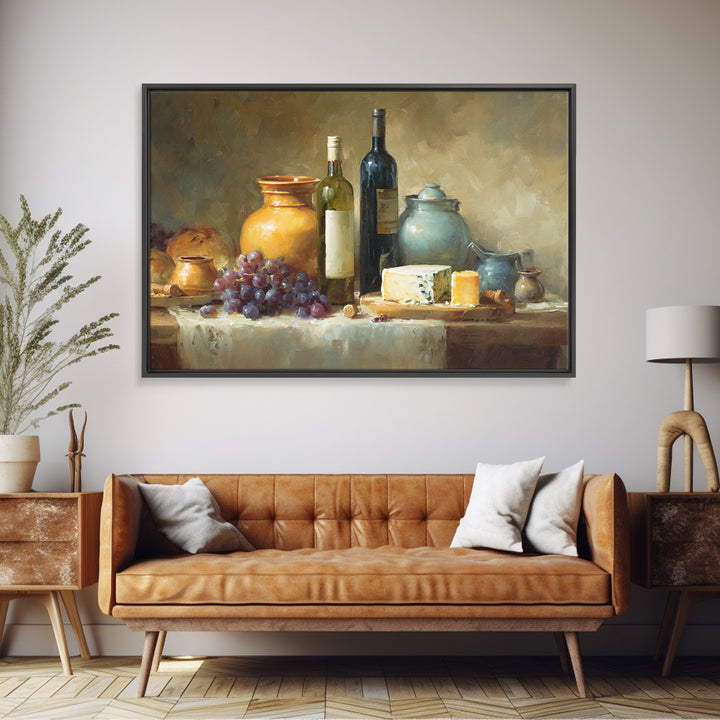 Wine Bottle Grapes and Cheese Still Life Canvas Print, Kitchen Art, Digital Print, Kitchen Decor, Watercolor Art, Kitchen, KIT-3x2-16