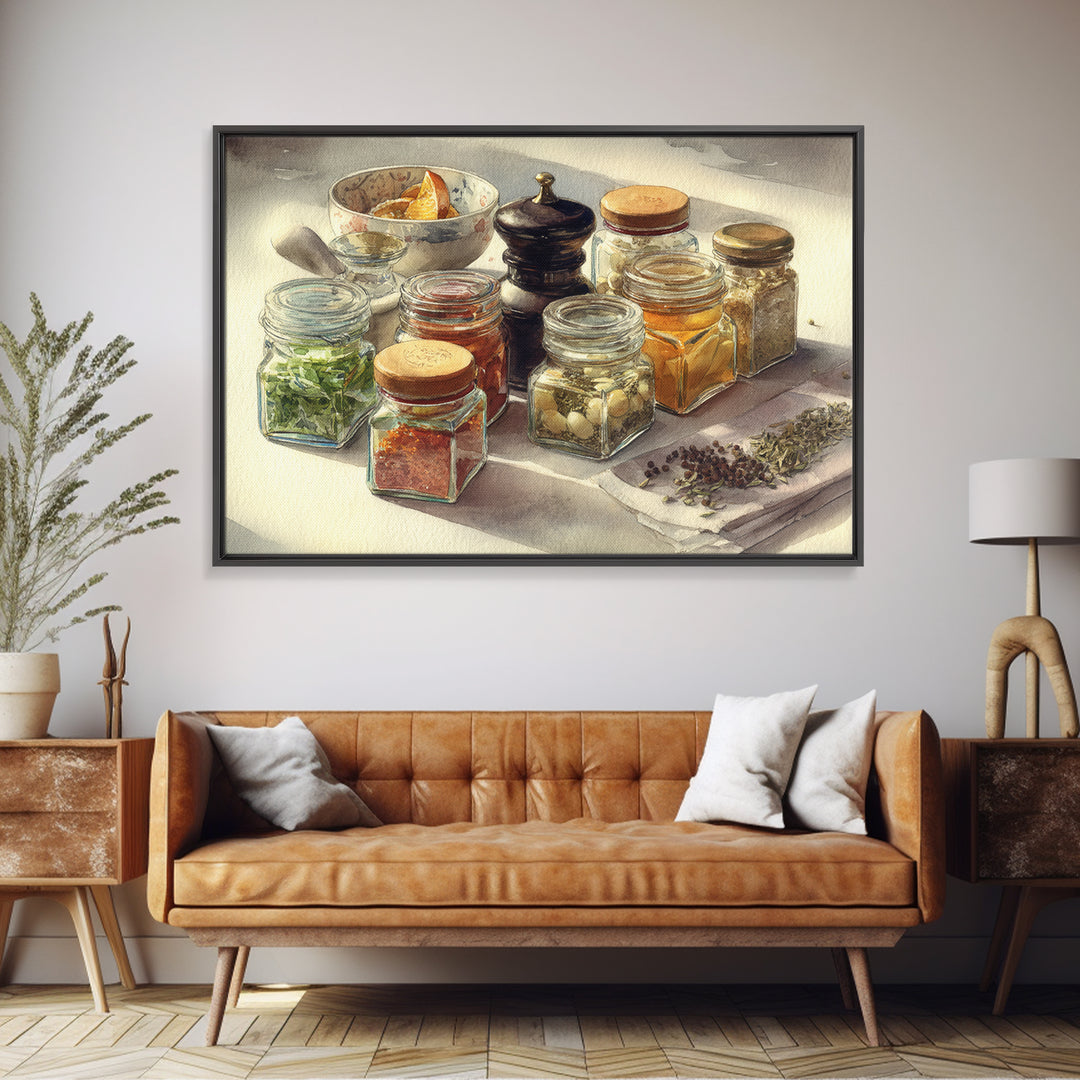 Watercolor Spice Jars Without Readable Labels Canvas Print, Kitchen Art, Kitchen Decor, Fine Art, Kitchen, Kitchen Art Print, KIT-3x2-17