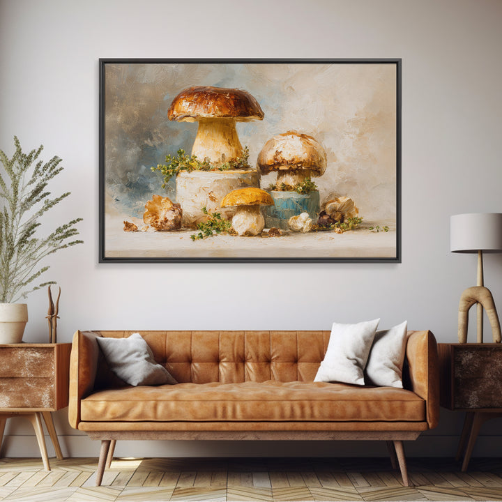 Mushrooms and Thyme Botanical Study Framed Canvas Print, Kitchen Art, Poster Art, Kitchen Decor, Fine Art, Kitchen, Boho Decor, KIT-3x2-19