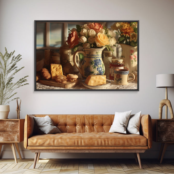 Floral Bouquet in a Kitchen Pitcher Framed Canvas Print, Kitchen Art, Art Deco, Kitchen Decor, Fine Art, Kitchen, Poster Art, KIT-3x2-28