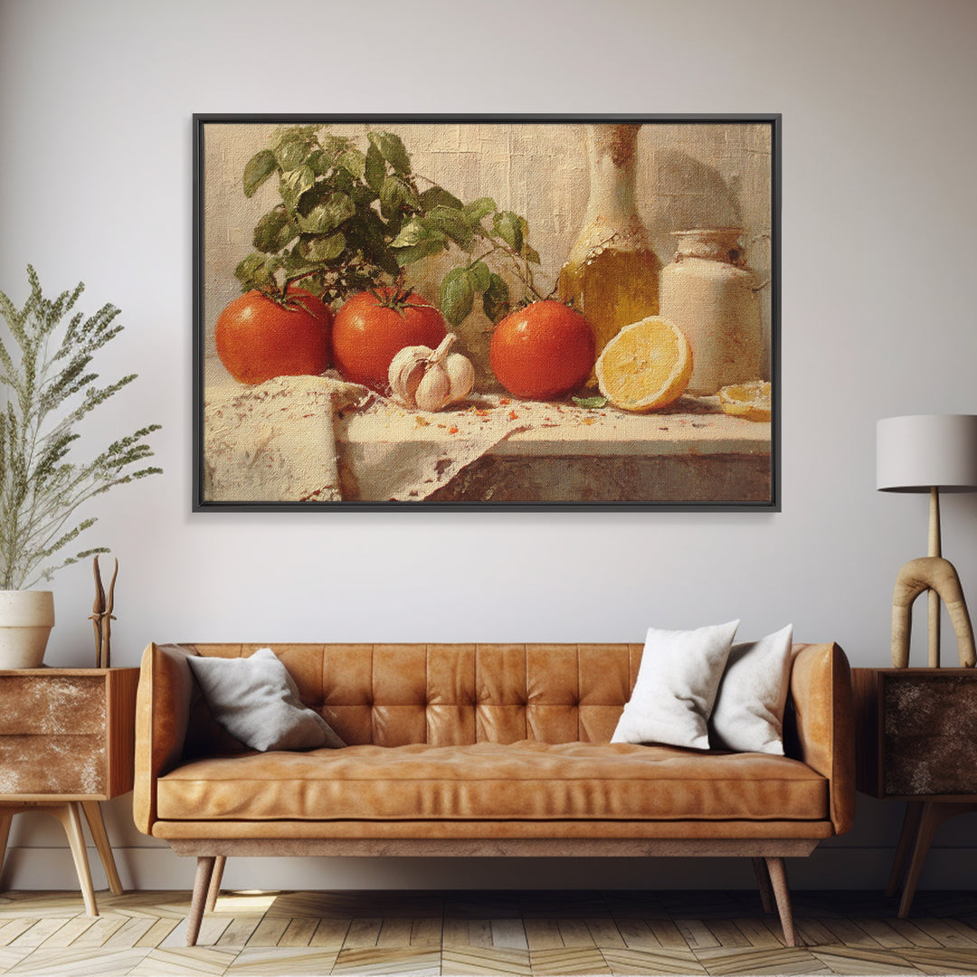Tomatoes Garlic and Basil on Linen Framed Canvas Print, Kitchen Art, Trendy Wall Art, Kitchen Decor, Abstract Art, Kitchen, KIT-3x2-31