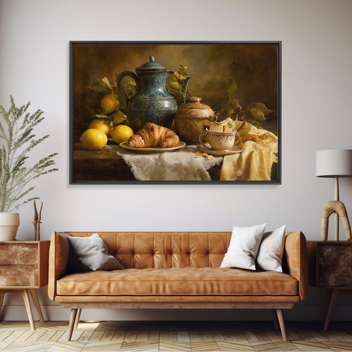 Coffee Pot and Croissant Morning Still Life Framed Canvas Print, Kitchen Art, Coffee Wall Art, Kitchen Decor, Fine Art, Kitchen, KIT-3x2-35