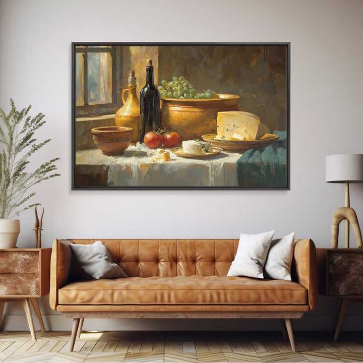Wine Bottle Grapes and Cheese Still Life Framed Canvas Print, Kitchen Art, Modern Art, Kitchen Decor, Oil Painting, Kitchen, KIT-3x2-40