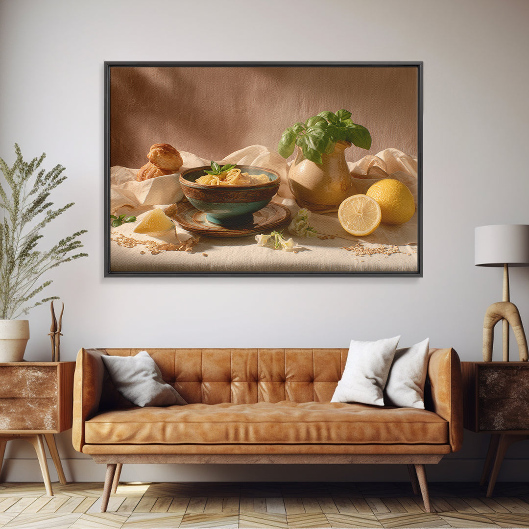 Pasta Lemons and Basil Mediterranean Still Life Framed Canvas Print, Kitchen Art, Poster Art, Kitchen Decor, Fine Art, Kitchen, KIT-3x2-45