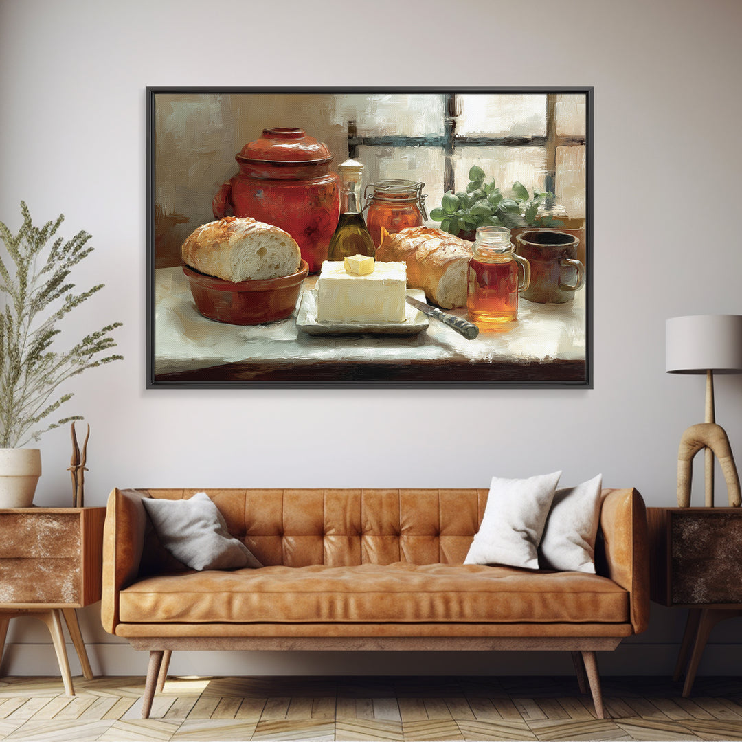 Fresh Bread with Butter and Honey Framed Canvas Print, Kitchen Art, Printable Art, Kitchen Decor, Kitchen, Coffee Wall Art, KIT-3x2-46