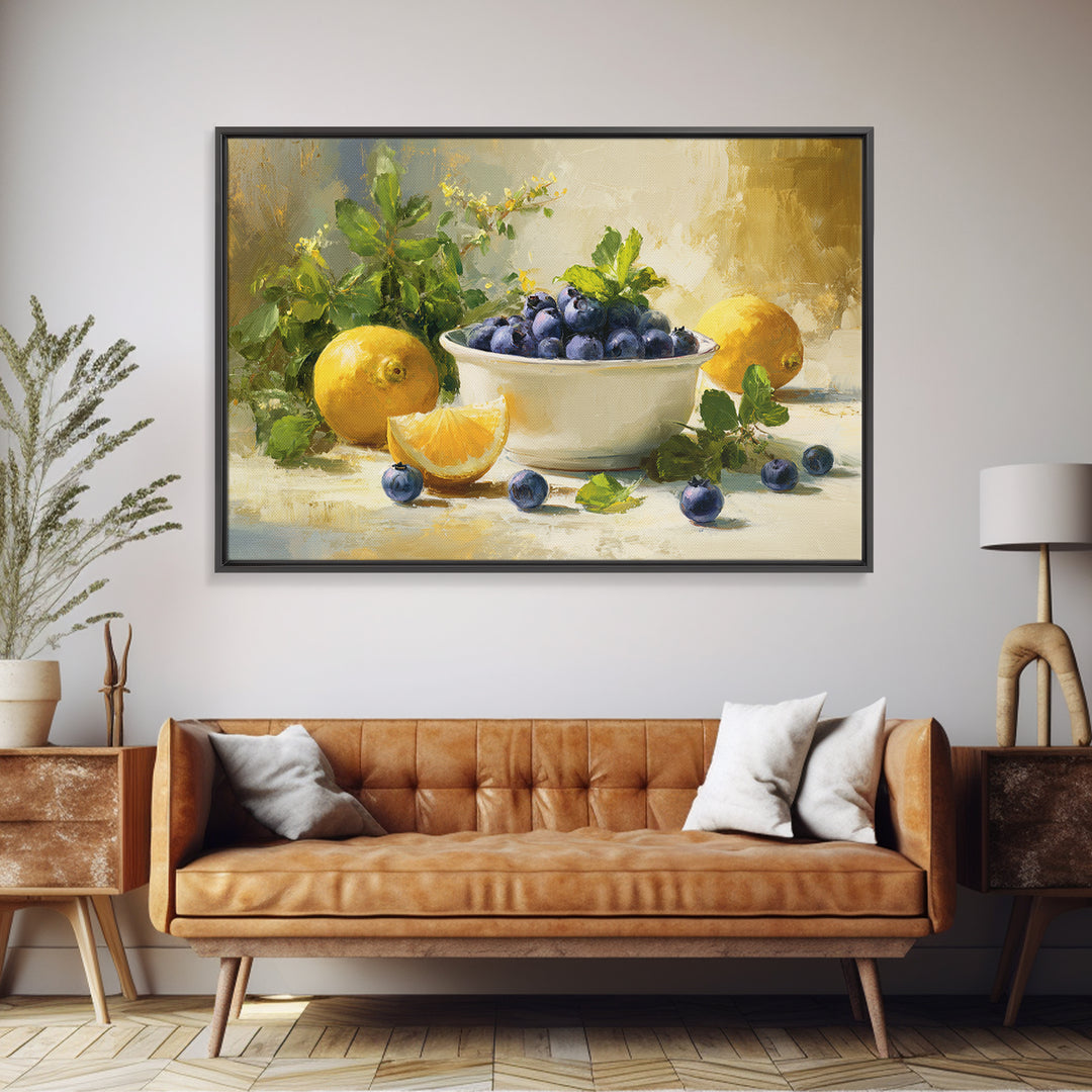 Blueberries in a White Bowl Framed Canvas Print, Kitchen Art, Room Decor, Kitchen Decor, Oil Painting, Kitchen, Digital Art, KIT-3x2-47