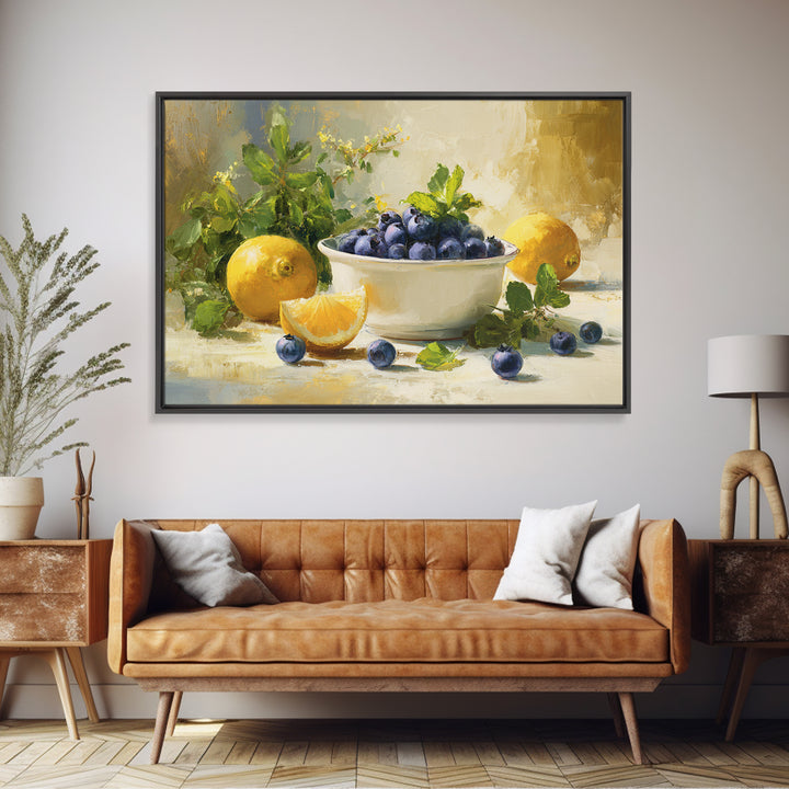 Blueberries in a White Bowl Framed Canvas Print, Kitchen Art, Room Decor, Kitchen Decor, Oil Painting, Kitchen, Digital Art, KIT-3x2-47