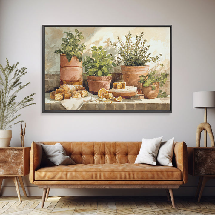 Fresh Herbs in Terracotta Pots Framed Canvas Print, Kitchen Art, Modern Art, Kitchen Decor, Fine Art, Kitchen, Neutral Decor, KIT-3x2-5