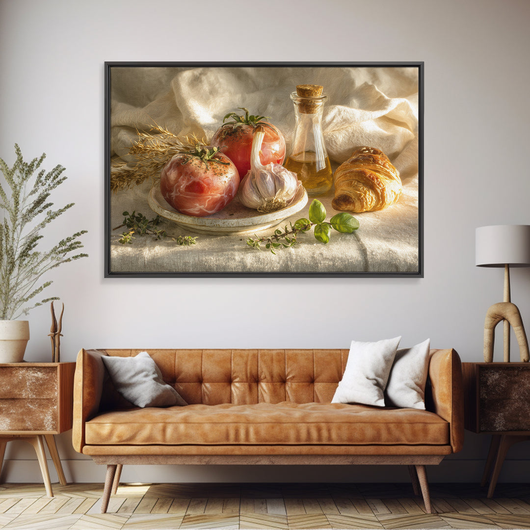 Tomatoes Garlic and Basil on Linen Framed Canvas Print, Kitchen Art, Kitchen, Kitchen Decor, Abstract Art, Kitchen, KIT-3x2-55