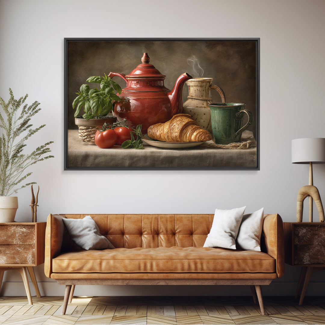 Coffee Pot and Croissant Morning Still Life Framed Canvas Print, Kitchen Art, Art Print, Kitchen Decor, Oil Painting, Kitchen, KIT-3x2-59