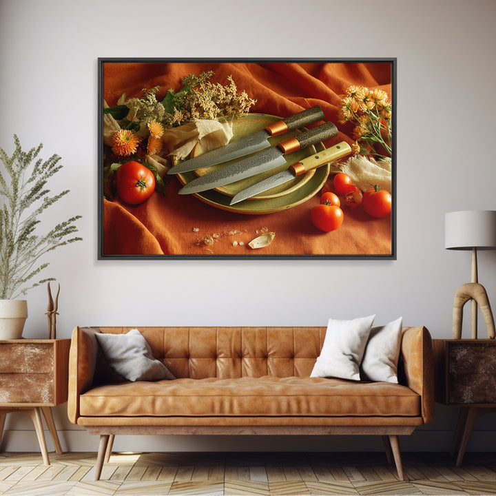 Chef Knives and Herbs Arranged as Graphic Canvas Print, Kitchen Art, Kitchen Wall Art, Kitchen Decor, Fine Art, Kitchen, KIT-3x2-62