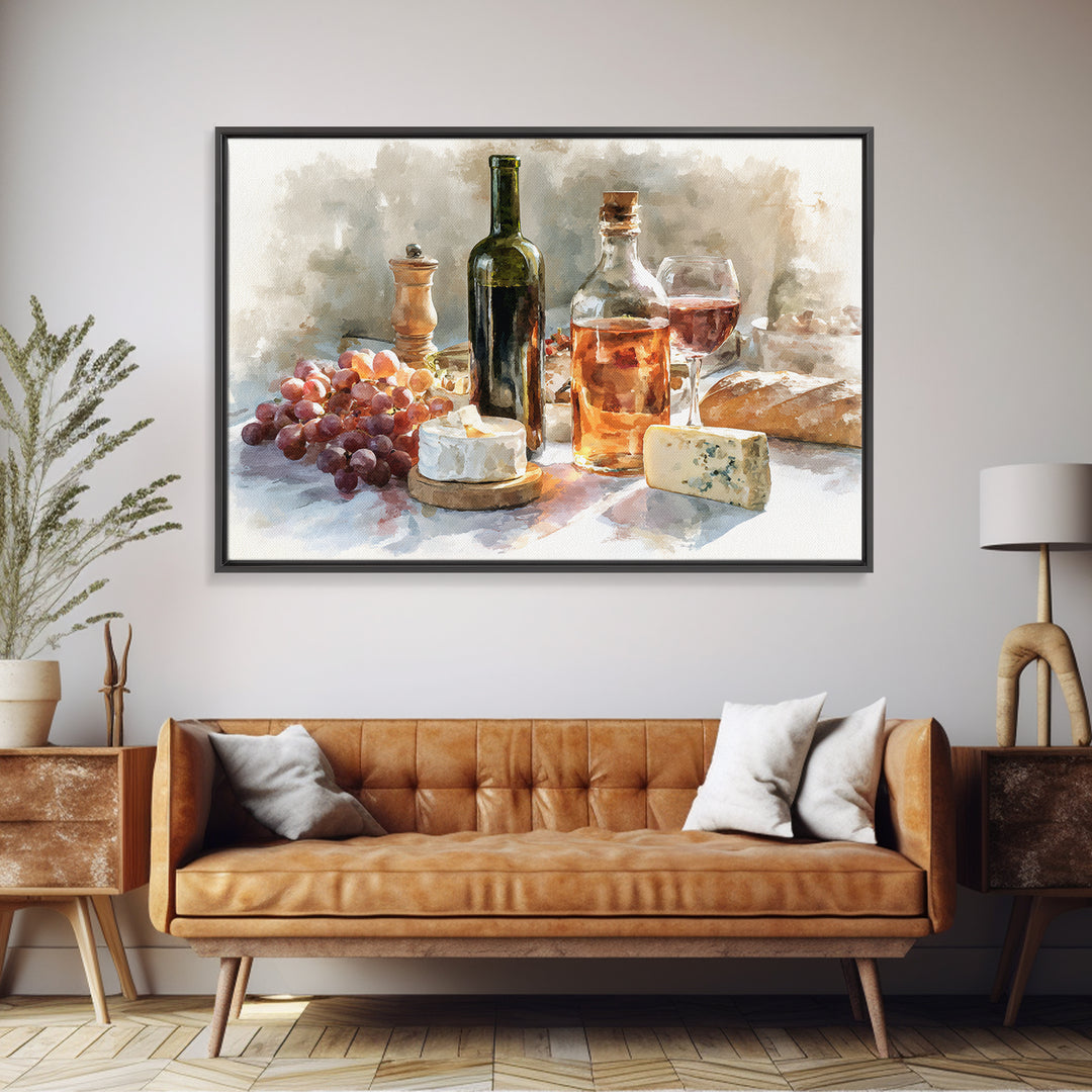 Wine Bottle Grapes and Cheese Still Life Framed Canvas Print, Kitchen Art, Gallery Decor, Kitchen Decor, Abstract Art, Kitchen, KIT-3x2-64