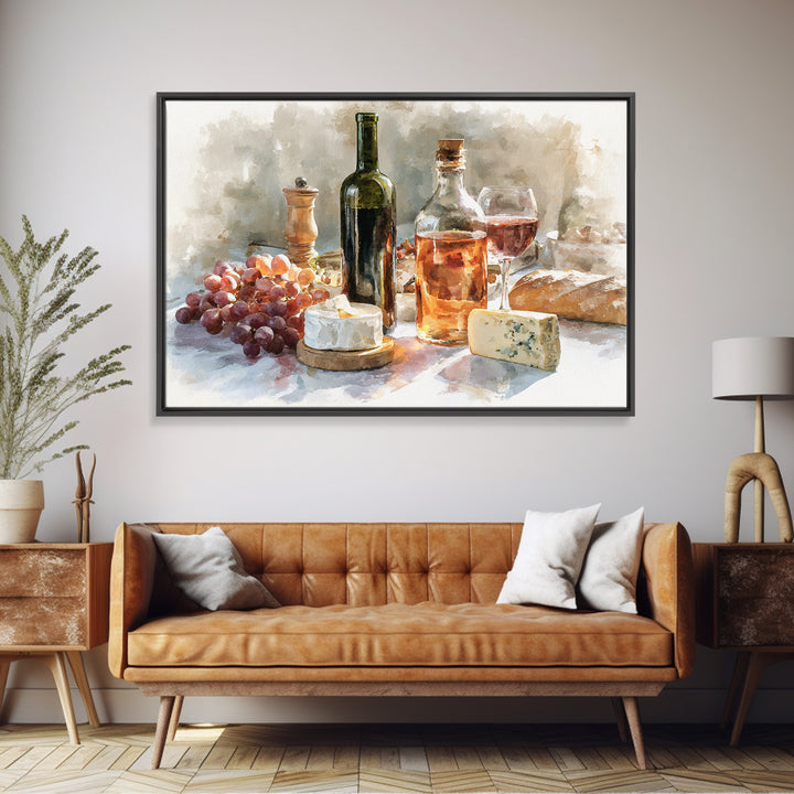 Wine Bottle Grapes and Cheese Still Life Framed Canvas Print, Kitchen Art, Gallery Decor, Kitchen Decor, Abstract Art, Kitchen, KIT-3x2-64