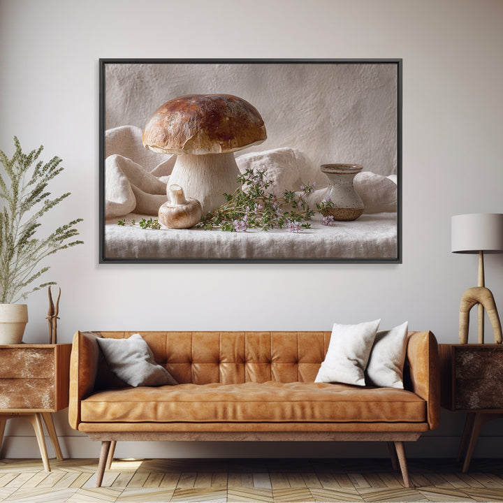 Mushrooms and Thyme Botanical Study Canvas Print, Kitchen Art, Textured Painting, Kitchen Decor, Watercolor Art, Kitchen, KIT-3x2-67