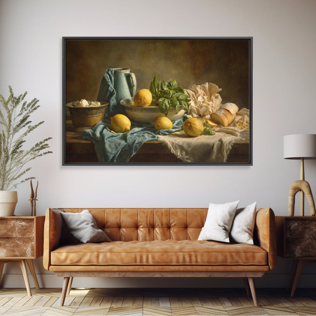 Pasta Lemons and Basil Mediterranean Still Life Framed Canvas Print, Kitchen Art, Poster Art, Kitchen Decor, Fine Art, Kitchen, KIT-3x2-69