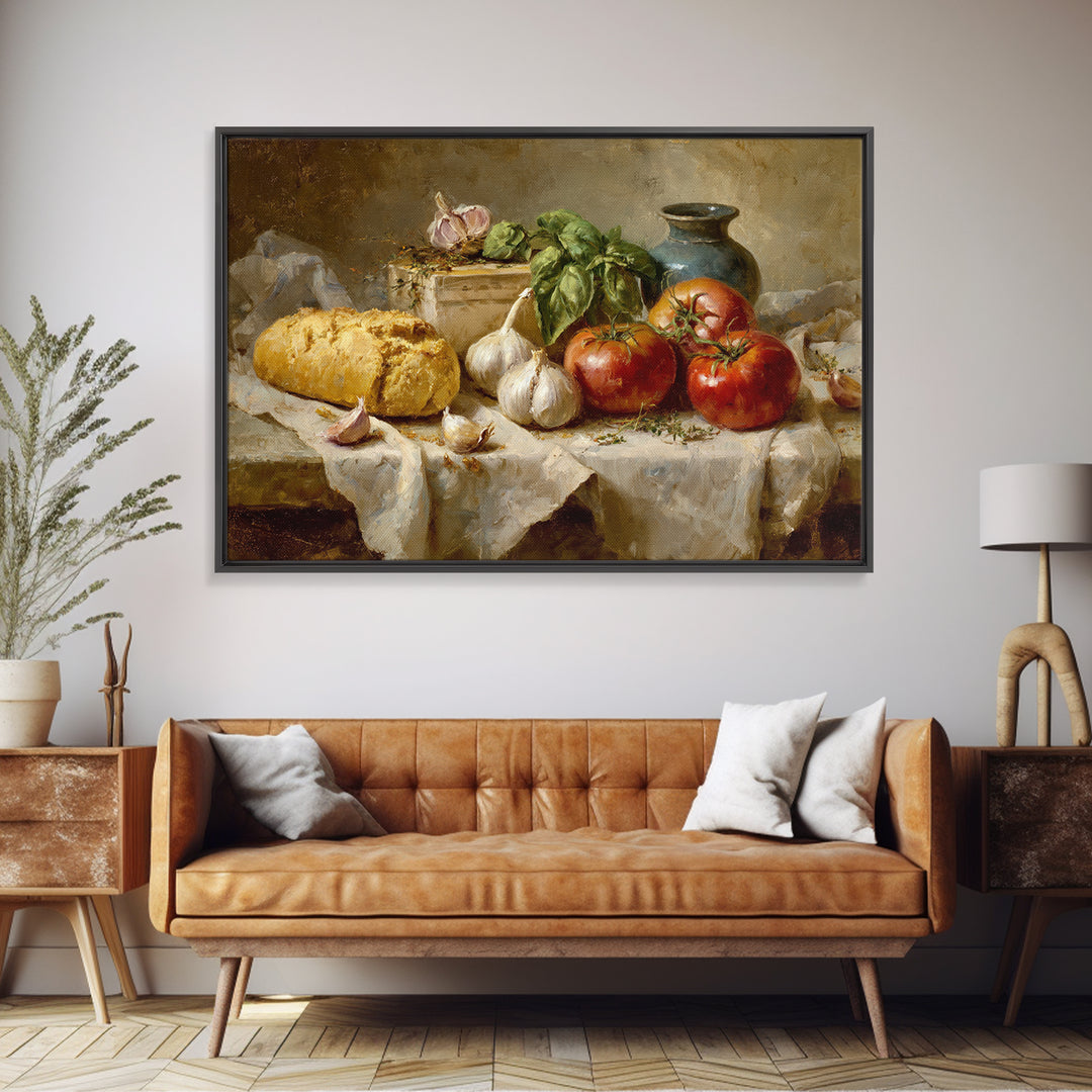 Tomatoes Garlic and Basil on Linen Framed Canvas Print, Kitchen Art, Home Decor, Kitchen Decor, Fine Art, Kitchen, KIT-3x2-7