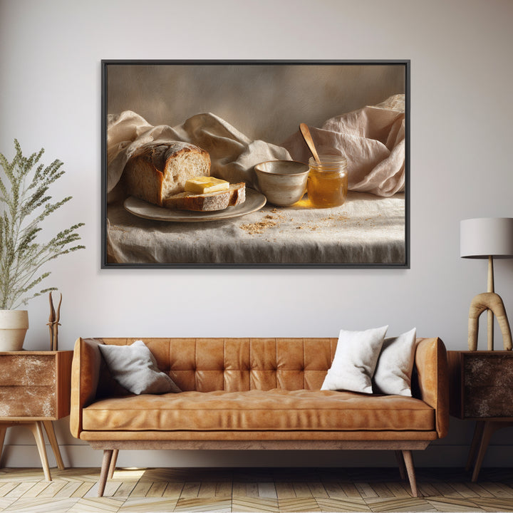 Fresh Bread with Butter and Honey Framed Canvas Print, Kitchen Art, Printable Art, Kitchen Decor, Kitchen, Coffee Wall Art, KIT-3x2-70