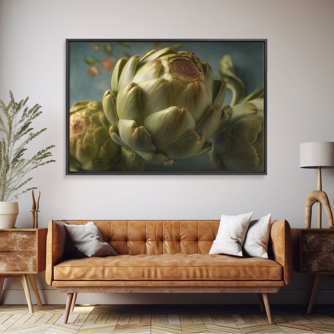 Artichoke Closeup in Painterly Green Tones Canvas Print, Kitchen Art, Modern Decor, Kitchen Decor, Fine Art, Kitchen, KIT-3x2-72