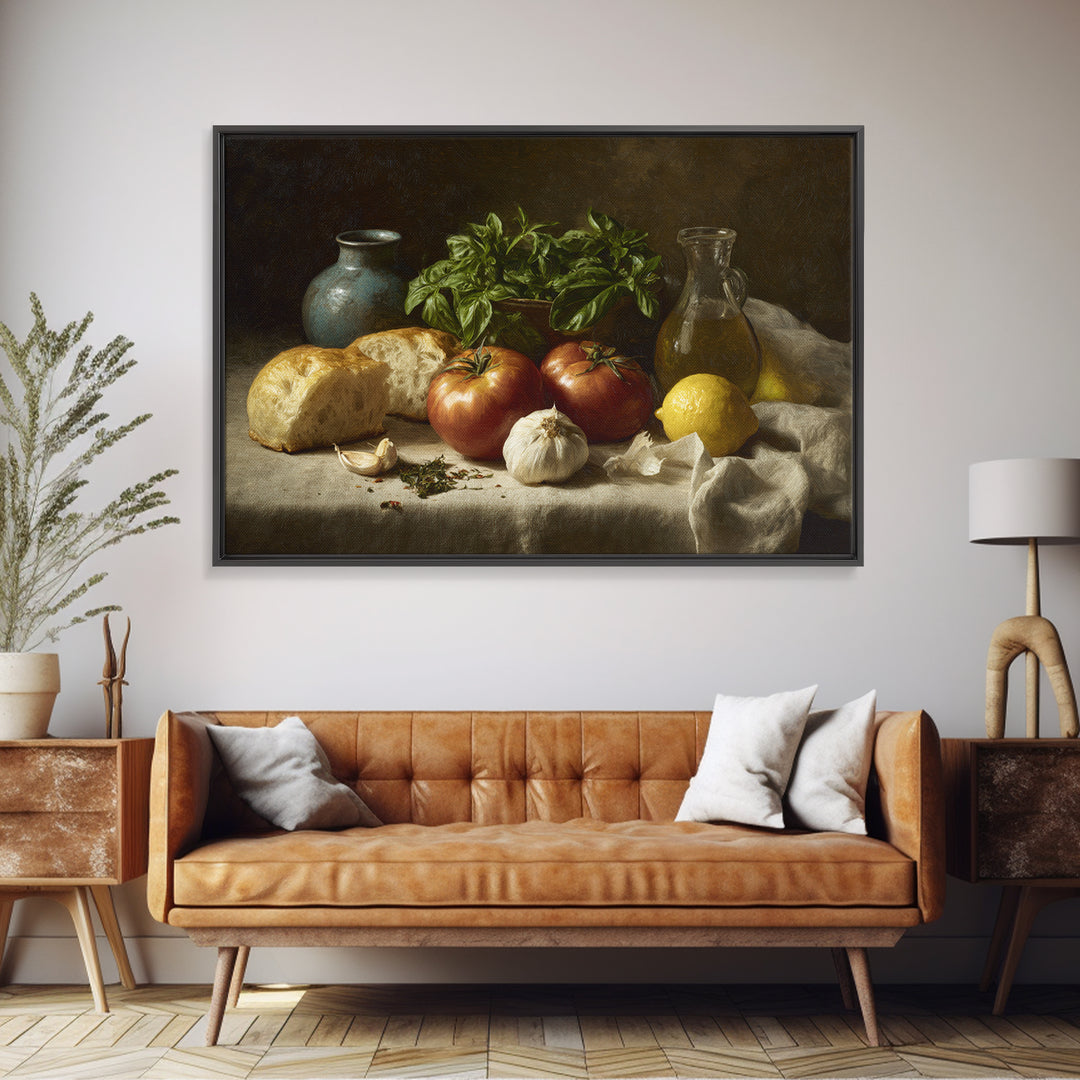Tomatoes Garlic and Basil on Linen Framed Canvas Print, Kitchen Art, Kitchen Print, Kitchen Decor, Abstract Art, Kitchen, KIT-3x2-79