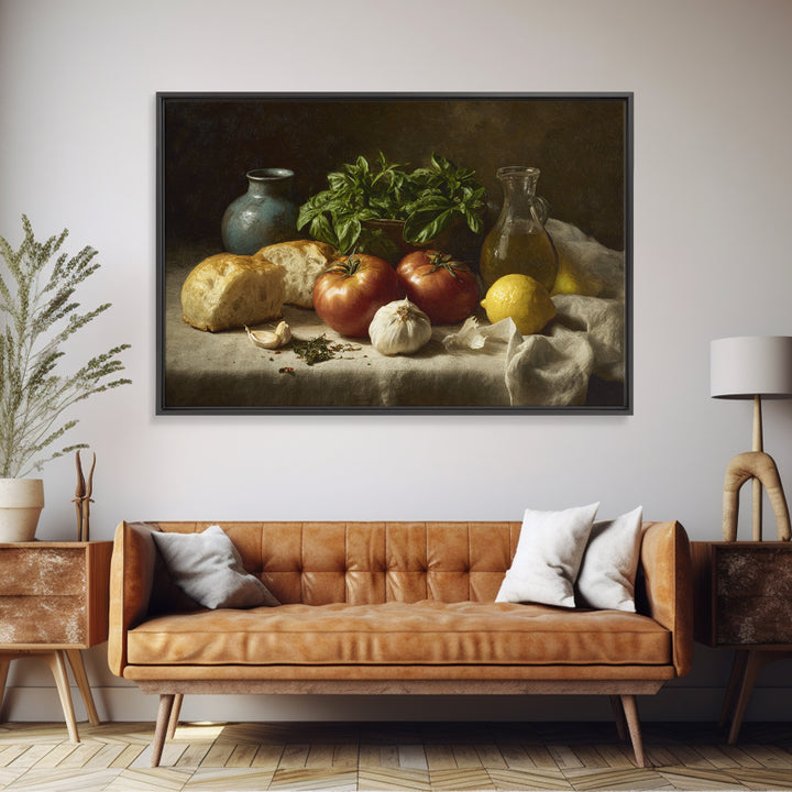 Tomatoes Garlic and Basil on Linen Framed Canvas Print, Kitchen Art, Kitchen Print, Kitchen Decor, Abstract Art, Kitchen, KIT-3x2-79
