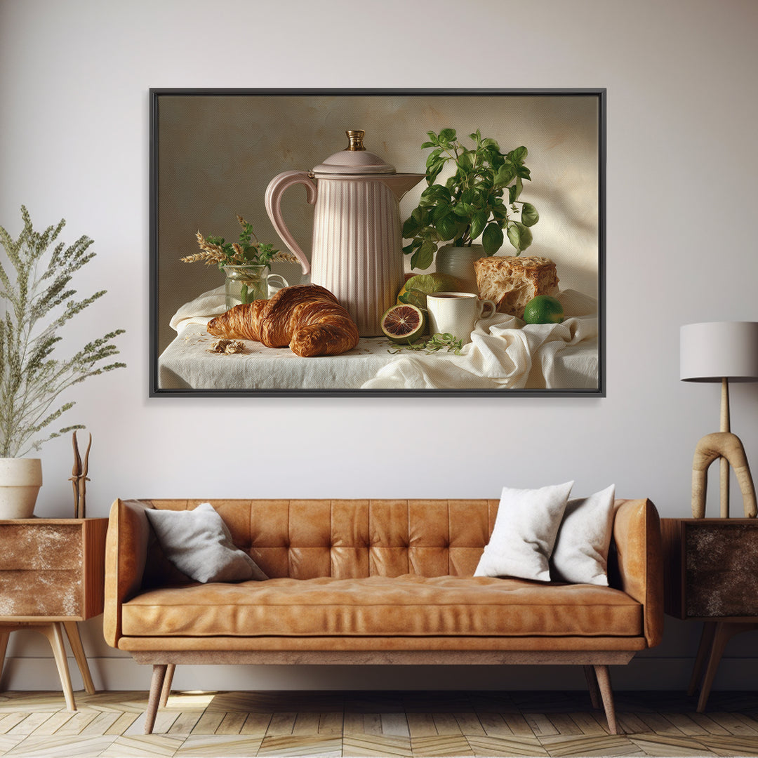 Coffee Pot and Croissant Morning Still Life Canvas Print, Kitchen Art, Wall Art, Kitchen Decor, Kitchen, Kitchen Wall Art, KIT-3x2-83