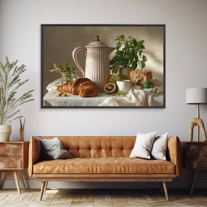 Coffee Pot and Croissant Morning Still Life Canvas Print, Kitchen Art, Wall Art, Kitchen Decor, Kitchen, Kitchen Wall Art, KIT-3x2-83