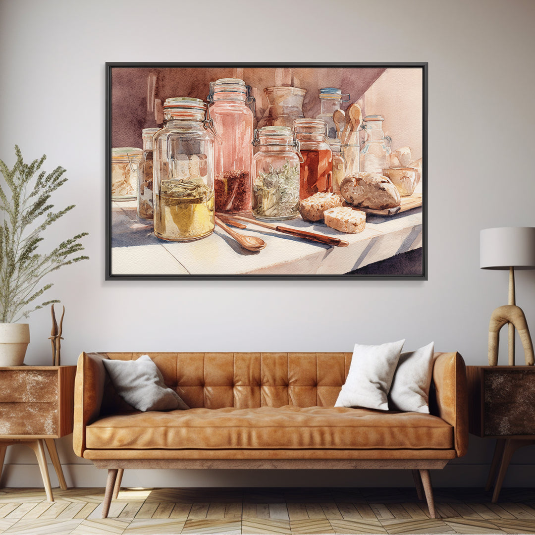 Watercolor Spice Jars Without Readable Labels Canvas Print, Kitchen Art, Coffee Print, Kitchen Decor, Oil Painting, Kitchen, KIT-3x2-89