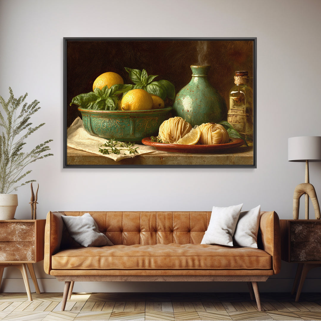 Pasta Lemons and Basil Mediterranean Still Life Canvas Print, Kitchen Art, Kitchen Art Print, Kitchen Decor, Fine Art, Kitchen, KIT-3x2-93