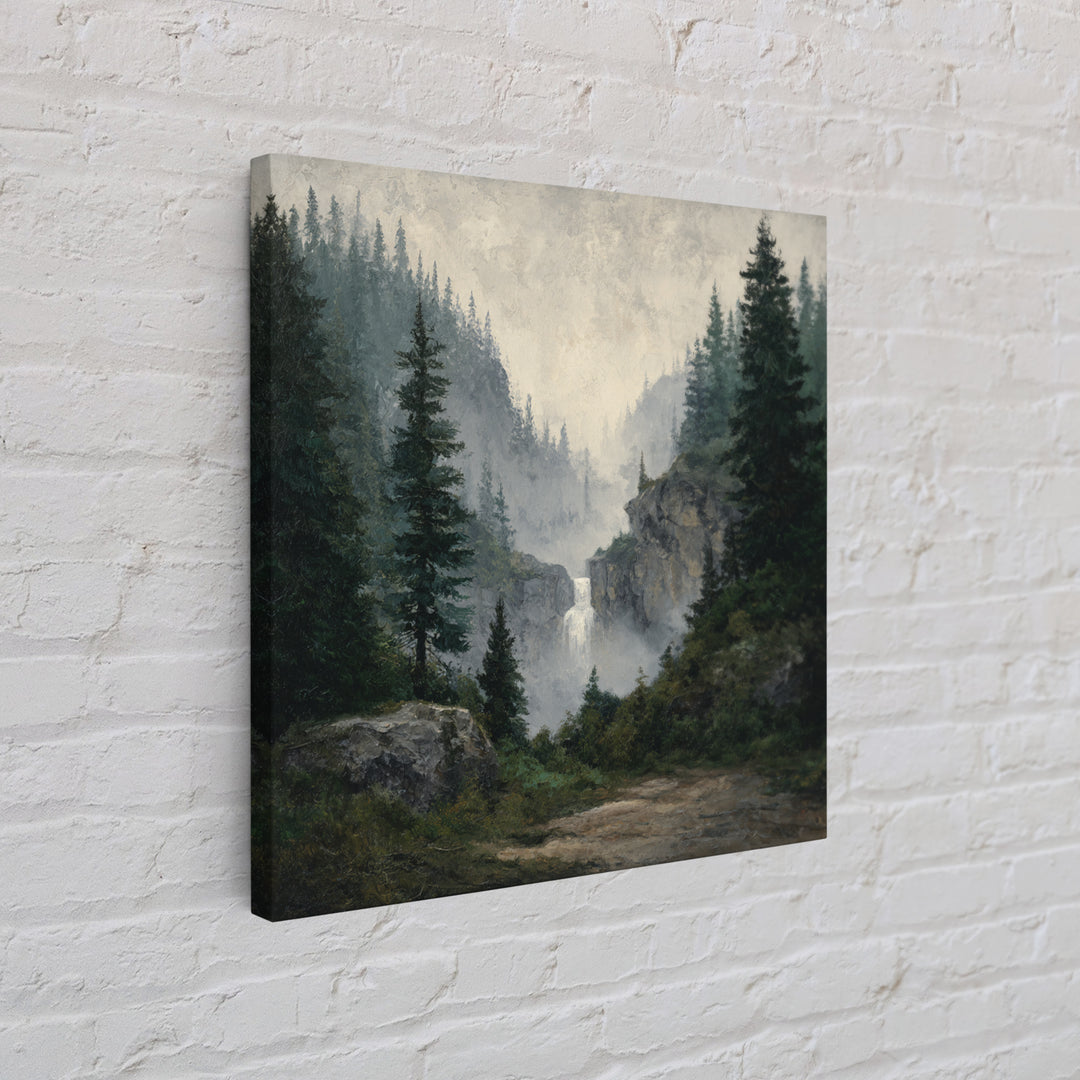 Waterfall Hidden in Dense Forest Framed Canvas Print, Landscape Art, Decor, Living Room Decor, Oil Painting, Horizon, LAN-1x1-12