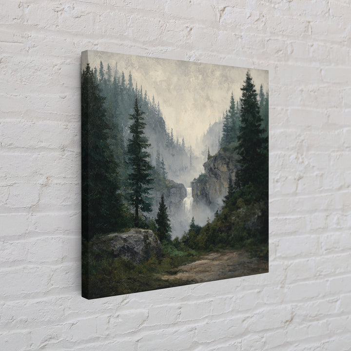 Waterfall Hidden in Dense Forest Framed Canvas Print, Landscape Art, Decor, Living Room Decor, Oil Painting, Horizon, LAN-1x1-12