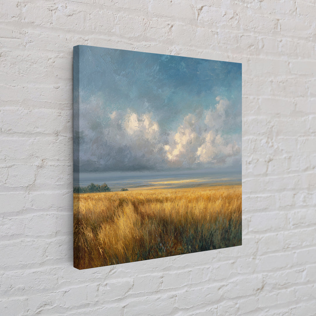 Golden Wheat Field Beneath Huge Clouds Framed Canvas Print, Landscape Art, Wall Art Print, Living Room Decor, Fine Art, Horizon, LAN-1x1-24