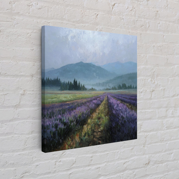 Lavender Field Leading to Distant Hills Framed Canvas Print, Landscape Art, Modern Art, Living Room Decor, Watercolor Art, LAN-1x1-34