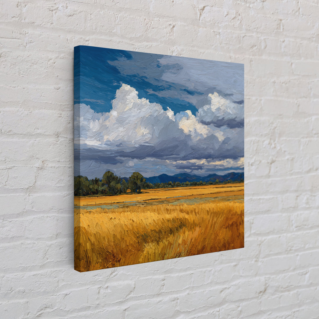 Golden Wheat Field Beneath Huge Clouds Framed Canvas Print, Landscape Art, Decor, Living Room Decor, Oil Painting, Horizon, LAN-1x1-48