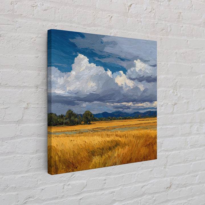 Golden Wheat Field Beneath Huge Clouds Framed Canvas Print, Landscape Art, Decor, Living Room Decor, Oil Painting, Horizon, LAN-1x1-48