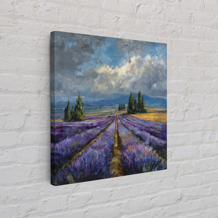 Lavender Field Leading to Distant Hills Framed Canvas Print, Landscape Art, Modern Art, Living Room Decor, Watercolor Art, LAN-1x1-58
