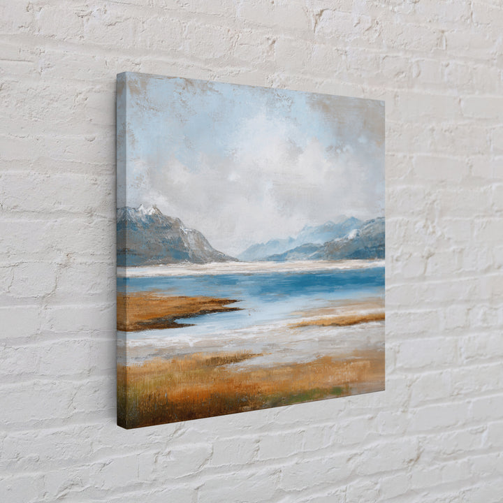 Fjord Landscape with Icy Blue Water Framed Canvas Print, Landscape Art, Neutral Decor, Living Room Decor, Oil Painting, Horizon, LAN-1x1-63