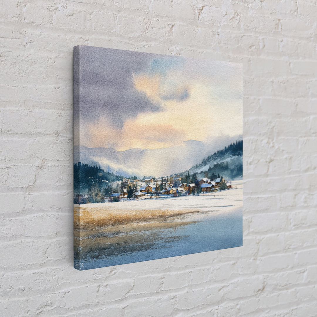 Snow Covered Alpine Village at Dusk Framed Canvas Print, Landscape Art, Framed Wall Art, Living Room Decor, Oil Painting, LAN-1x1-7