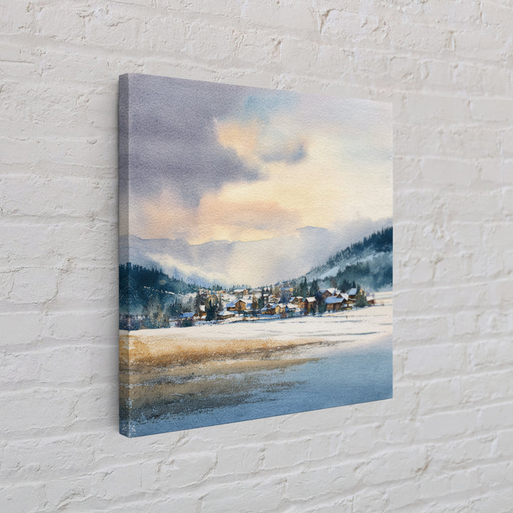 Snow Covered Alpine Village at Dusk Framed Canvas Print, Landscape Art, Framed Wall Art, Living Room Decor, Oil Painting, LAN-1x1-7