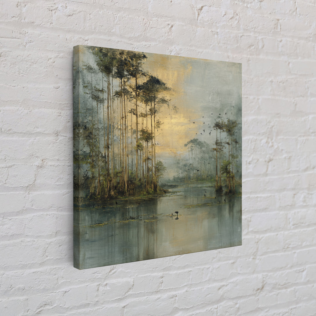 Misty Cypress Swamp Framed Canvas Print, Landscape Art, Living Room Wall Art, Living Room Decor, Oil Painting, Horizon, LAN-1x1-70
