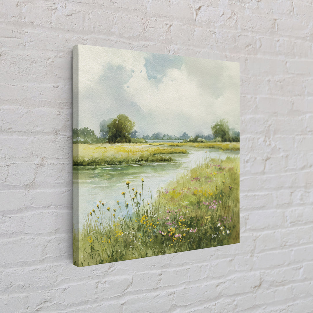 Sunlit Meadow with Wildflowers Canvas Print, Landscape Art, Minimalist Decor, Living Room Decor, Oil Painting, Horizon, LAN-1x1-85