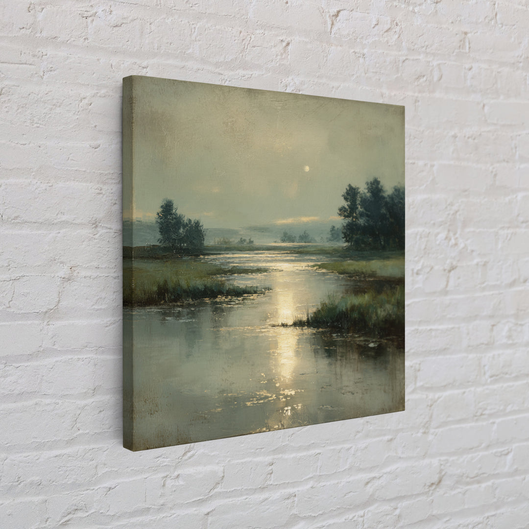 Moonlit River with Silver Reflections Framed Canvas Print, Landscape Art, Wall Art, Living Room Decor, Fine Art, Horizon, LAN-1x1-93