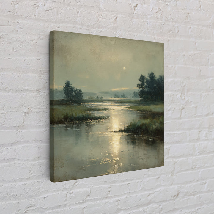 Moonlit River with Silver Reflections Framed Canvas Print, Landscape Art, Wall Art, Living Room Decor, Fine Art, Horizon, LAN-1x1-93